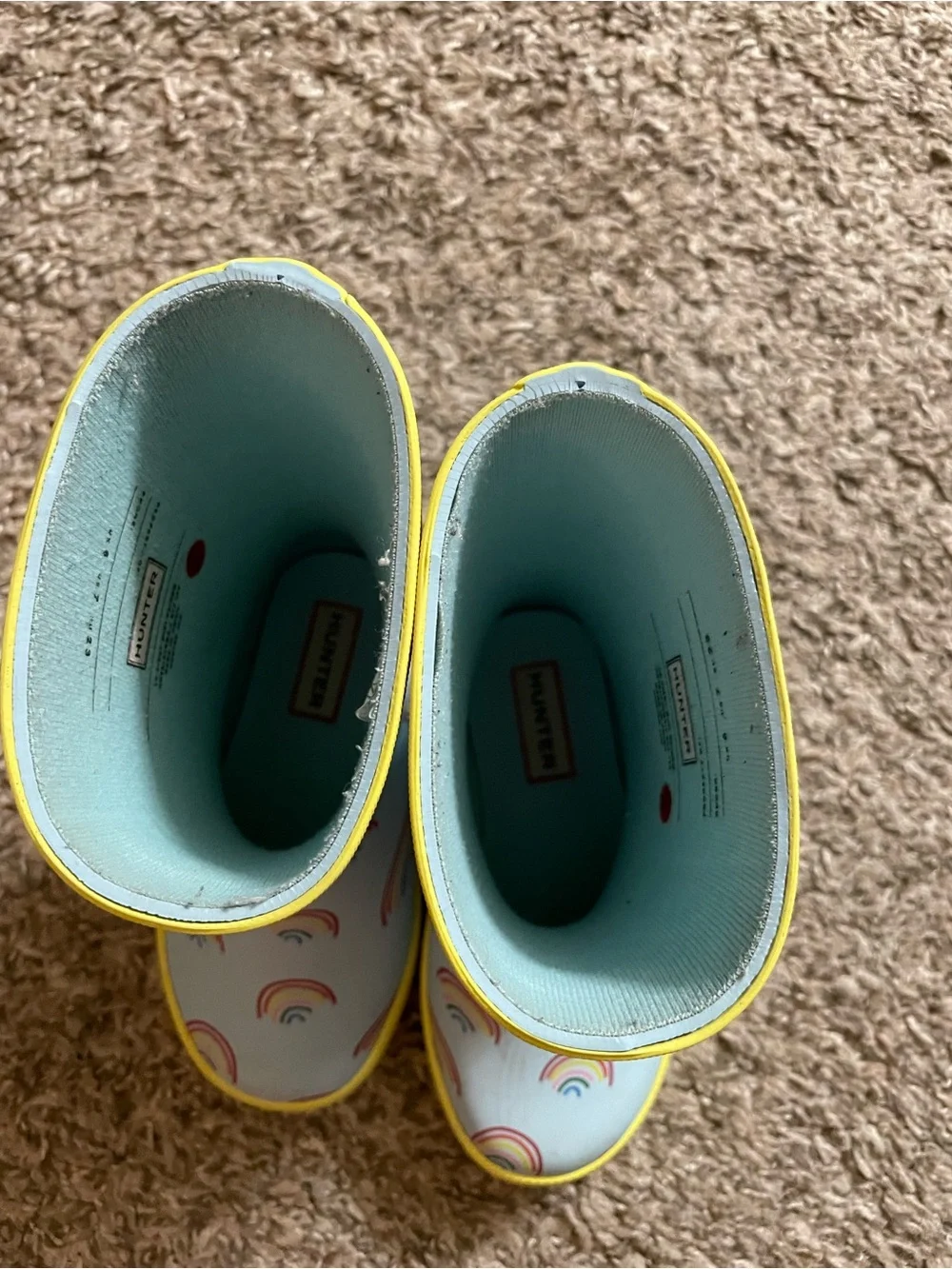 Hunter Kids Light Blue Rain Boots with Yellow Trim and Rainbow Print